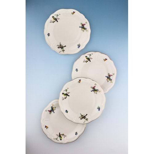 Renkli kuşlar antik altın yaldızlı 4 parça porselen pasta tabağı