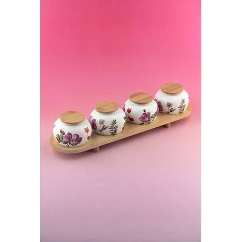 Meadow bambu standlı 4 lü porselen baharatlık