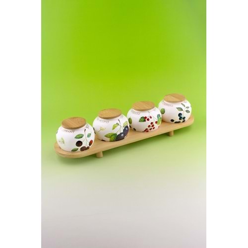 Berries bambu standlı 4 lü porselen baharatlık