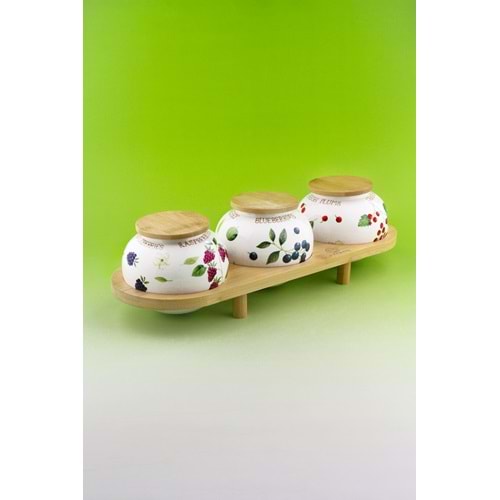 Berries bambu standlı 3 lü porselen baharatlık