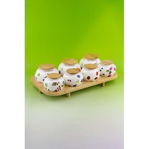 Berries bambu standlı 7 li porselen baharatlık