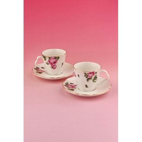 Pink rose altın yaldızlı iki kişilik porselen kahve fincan takımı