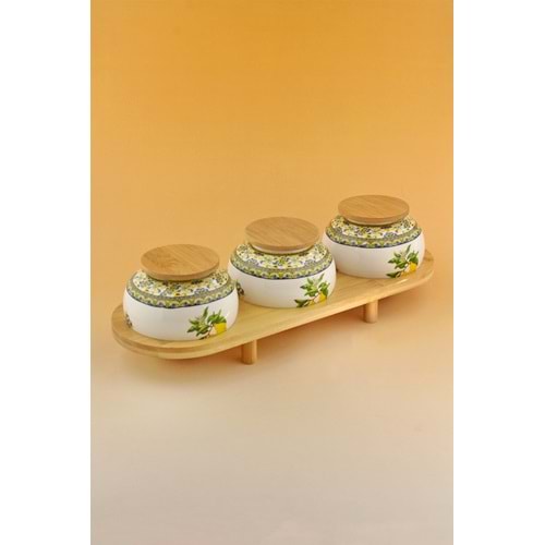 Capri lemon bambu standlı 3 lü porselen baharatlık
