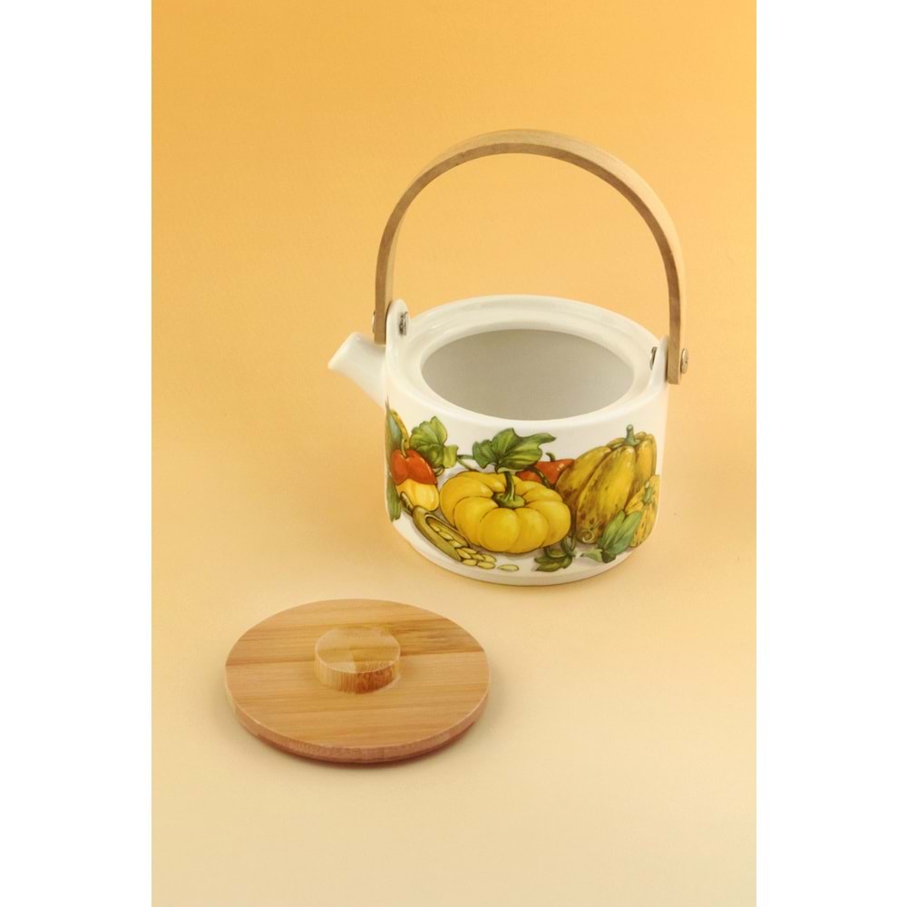 Sarı kabak bambu kapaklı mini porselen demlik