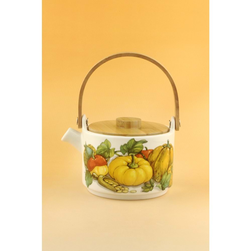 Sarı kabak bambu kapaklı mini porselen demlik