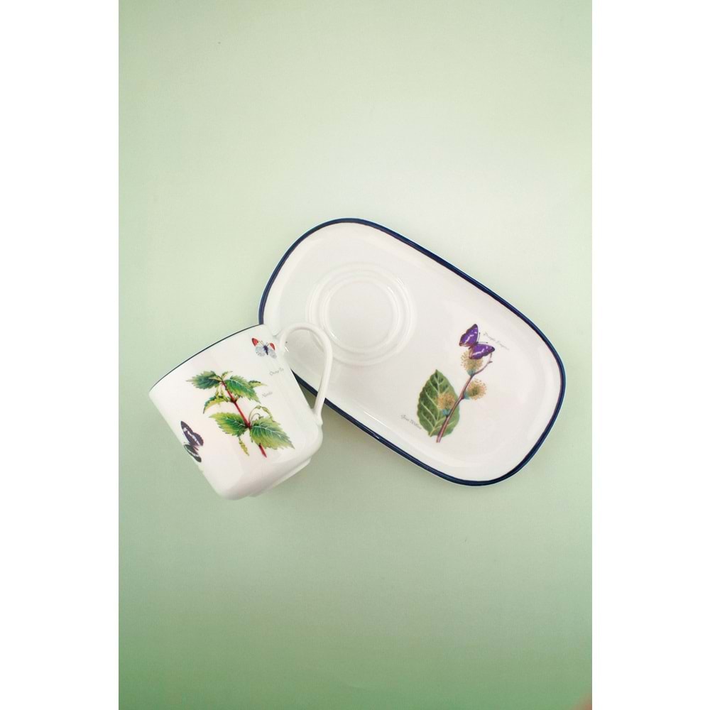 Botanik lacivert sunumluklu porselen kupa takımı