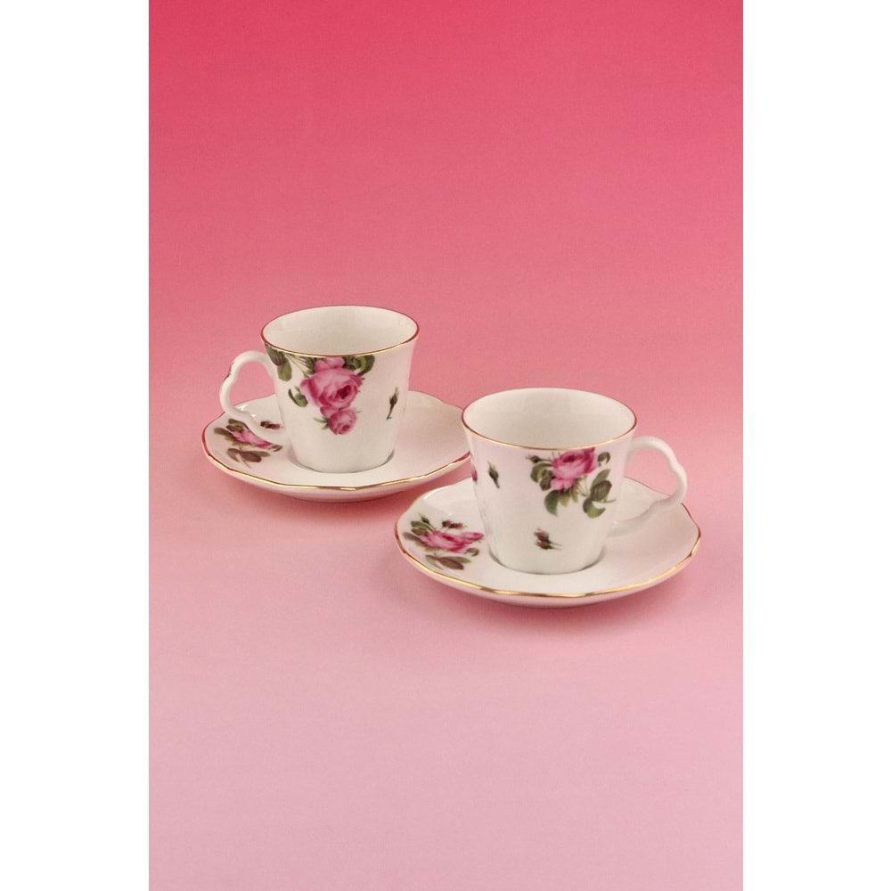 Pink rose altın yaldızlı iki kişilik porselen kahve fincan takımı