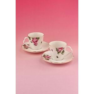 Pink rose altın yaldızlı iki kişilik porselen kahve fincan takımı