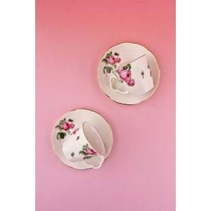 Pink rose altın yaldızlı iki kişilik porselen kahve fincan takımı